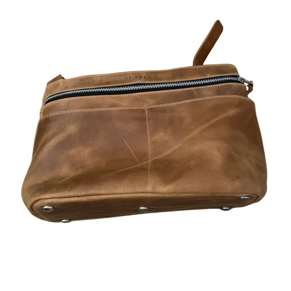 Epiphanie Distressed Leather Crossbody Camera Bag Cognac Brown No Strap 12x9
